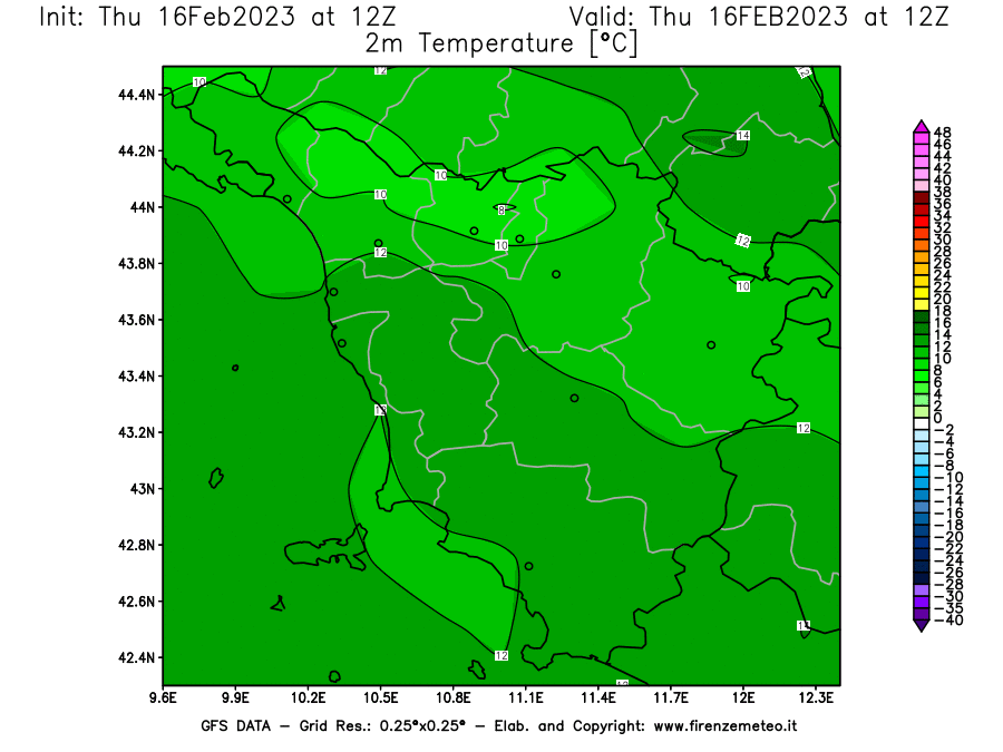 Mappa di analisi GFS - Temperatura a 2 metri dal suolo [°C] in Toscana
							del 16/02/2023 12 <!--googleoff: index-->UTC<!--googleon: index-->