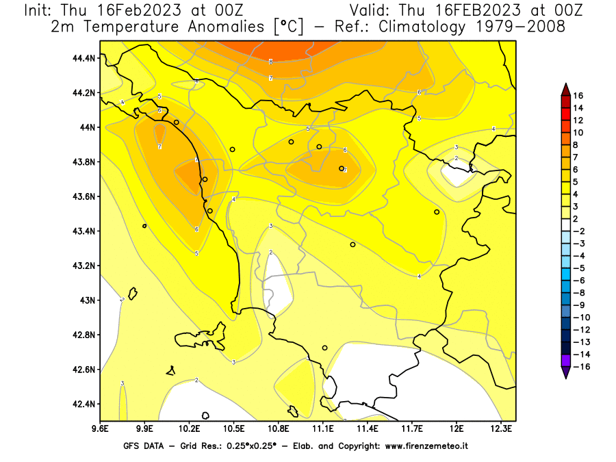 Mappa di analisi GFS - Anomalia Temperatura [°C] a 2 m in Toscana
							del 16/02/2023 00 <!--googleoff: index-->UTC<!--googleon: index-->