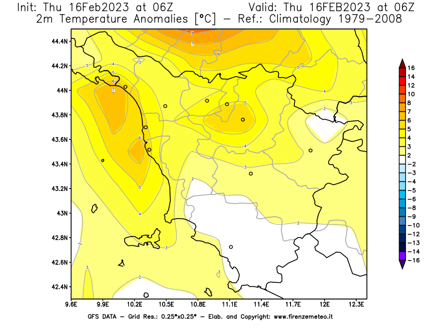 Mappa di analisi GFS - Anomalia Temperatura [°C] a 2 m in Toscana
							del 16/02/2023 06 <!--googleoff: index-->UTC<!--googleon: index-->