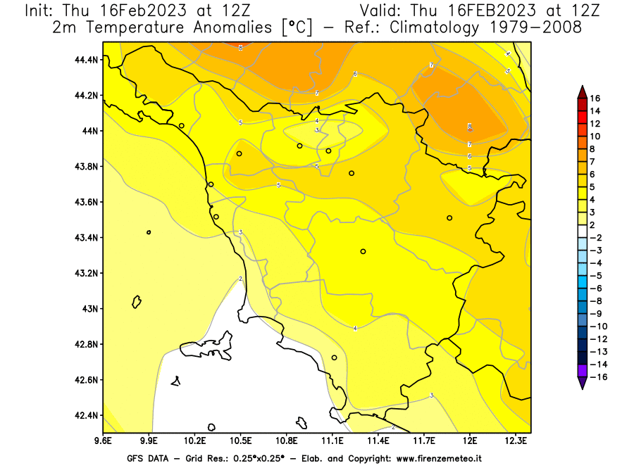 Mappa di analisi GFS - Anomalia Temperatura [°C] a 2 m in Toscana
							del 16/02/2023 12 <!--googleoff: index-->UTC<!--googleon: index-->