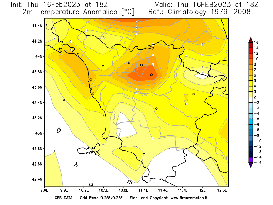 Mappa di analisi GFS - Anomalia Temperatura [°C] a 2 m in Toscana
							del 16/02/2023 18 <!--googleoff: index-->UTC<!--googleon: index-->