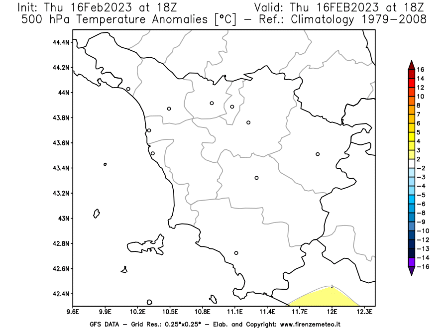 Mappa di analisi GFS - Anomalia Temperatura [°C] a 500 hPa in Toscana
							del 16/02/2023 18 <!--googleoff: index-->UTC<!--googleon: index-->