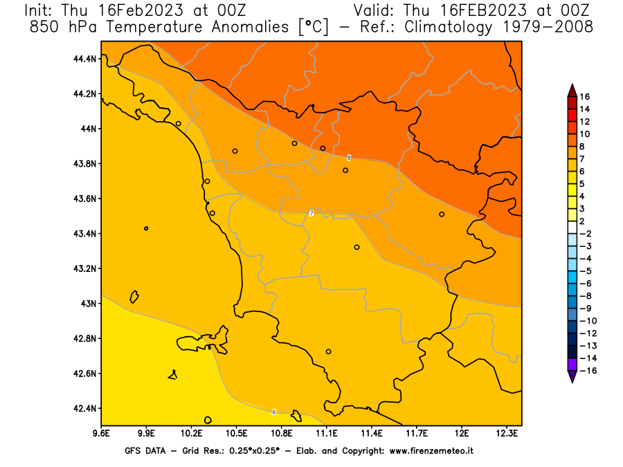 Mappa di analisi GFS - Anomalia Temperatura [°C] a 850 hPa in Toscana
							del 16/02/2023 00 <!--googleoff: index-->UTC<!--googleon: index-->