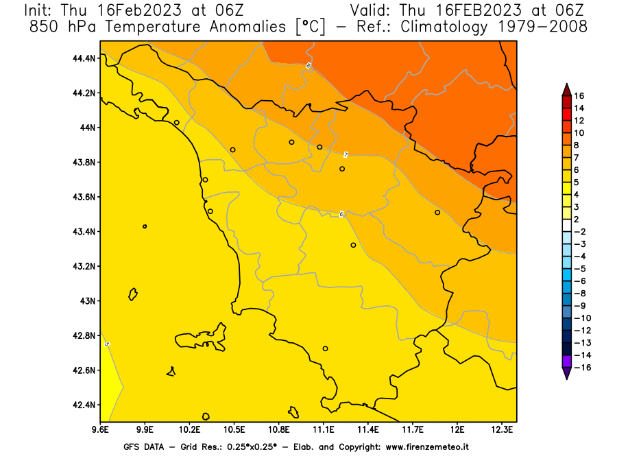 Mappa di analisi GFS - Anomalia Temperatura [°C] a 850 hPa in Toscana
							del 16/02/2023 06 <!--googleoff: index-->UTC<!--googleon: index-->