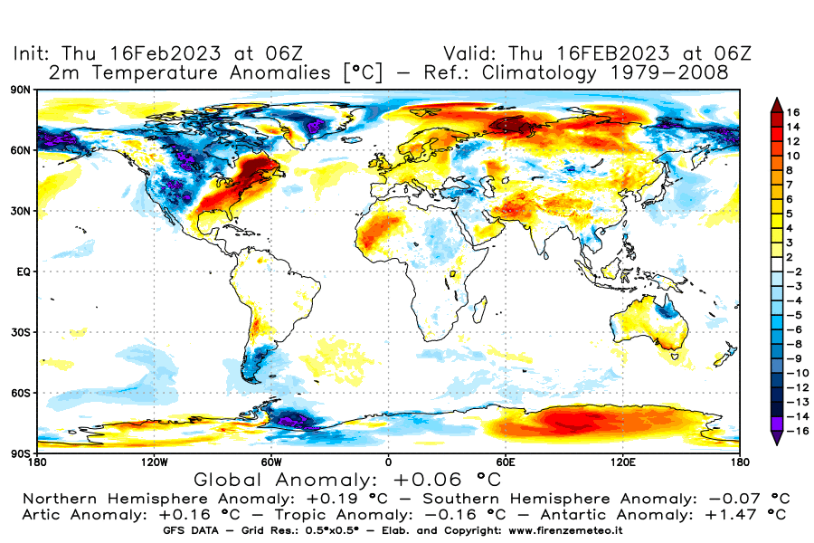 Mappa di analisi GFS - Anomalia Temperatura [°C] a 2 m in World
							del 16/02/2023 06 <!--googleoff: index-->UTC<!--googleon: index-->