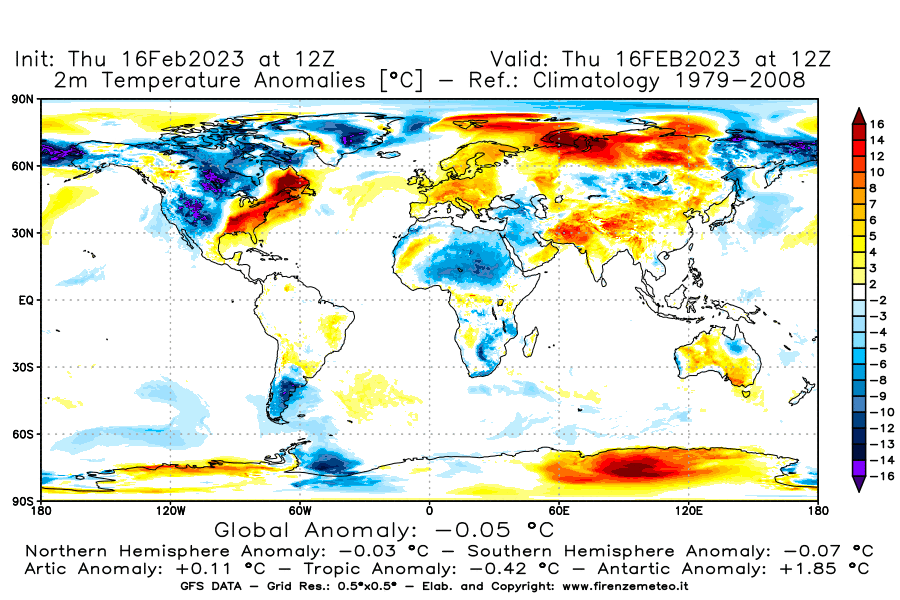 Mappa di analisi GFS - Anomalia Temperatura [°C] a 2 m in World
							del 16/02/2023 12 <!--googleoff: index-->UTC<!--googleon: index-->