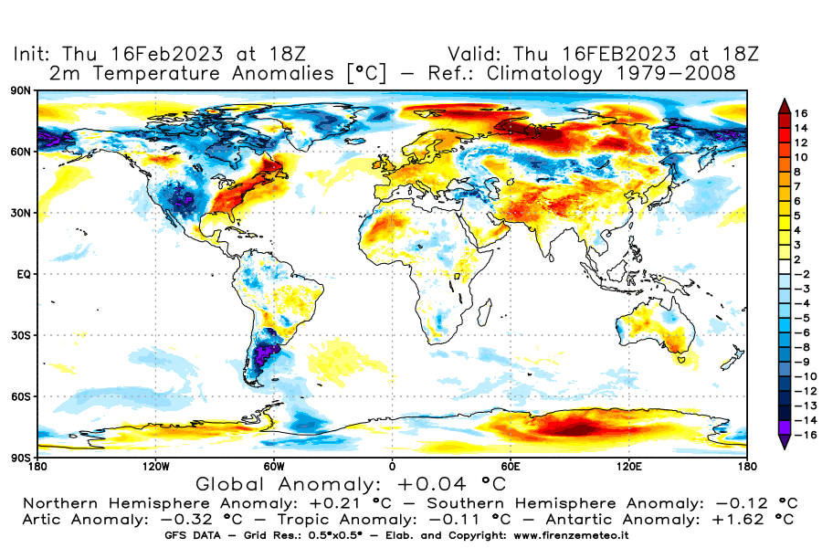 Mappa di analisi GFS - Anomalia Temperatura [°C] a 2 m in World
							del 16/02/2023 18 <!--googleoff: index-->UTC<!--googleon: index-->