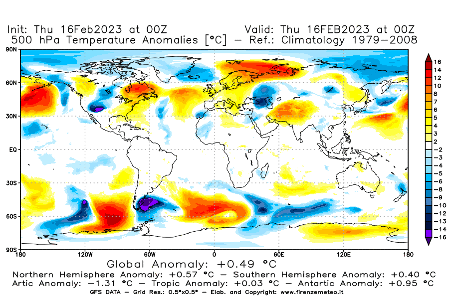 Mappa di analisi GFS - Anomalia Temperatura [°C] a 500 hPa in World
							del 16/02/2023 00 <!--googleoff: index-->UTC<!--googleon: index-->