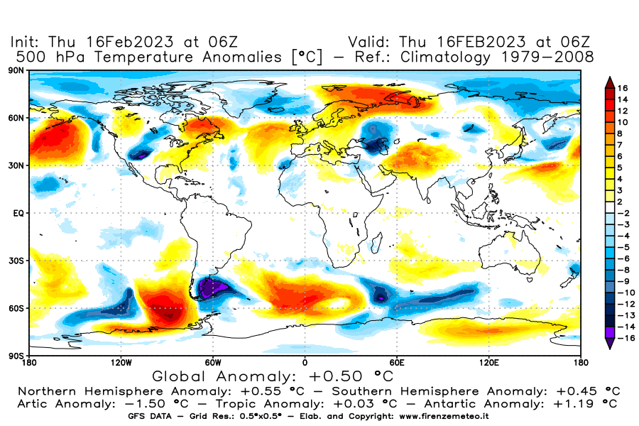 Mappa di analisi GFS - Anomalia Temperatura [°C] a 500 hPa in World
							del 16/02/2023 06 <!--googleoff: index-->UTC<!--googleon: index-->