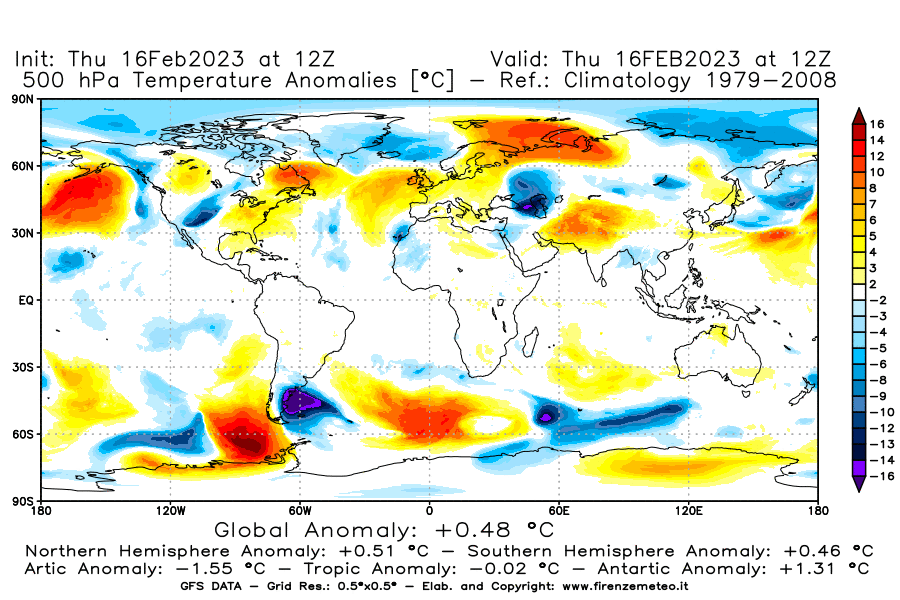 Mappa di analisi GFS - Anomalia Temperatura [°C] a 500 hPa in World
							del 16/02/2023 12 <!--googleoff: index-->UTC<!--googleon: index-->