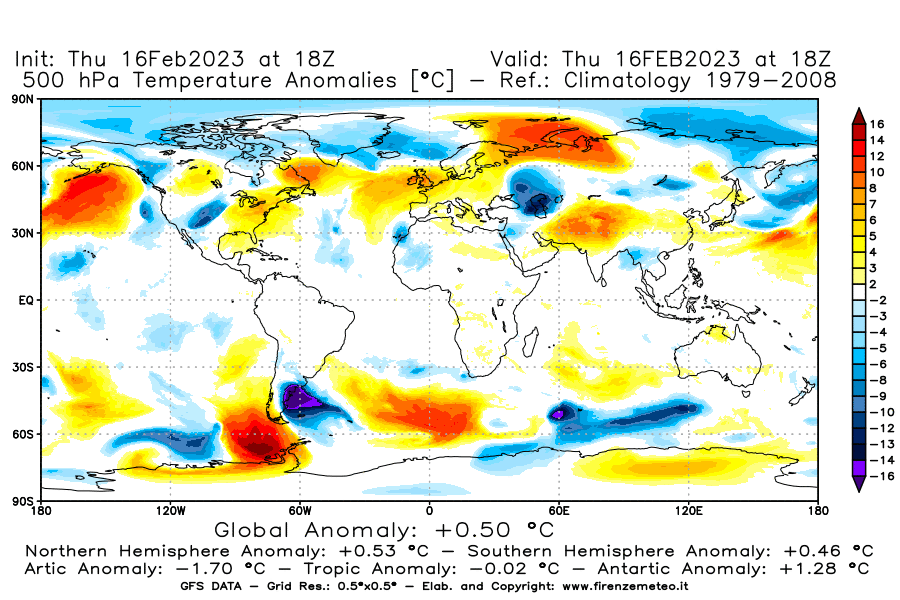 Mappa di analisi GFS - Anomalia Temperatura [°C] a 500 hPa in World
							del 16/02/2023 18 <!--googleoff: index-->UTC<!--googleon: index-->