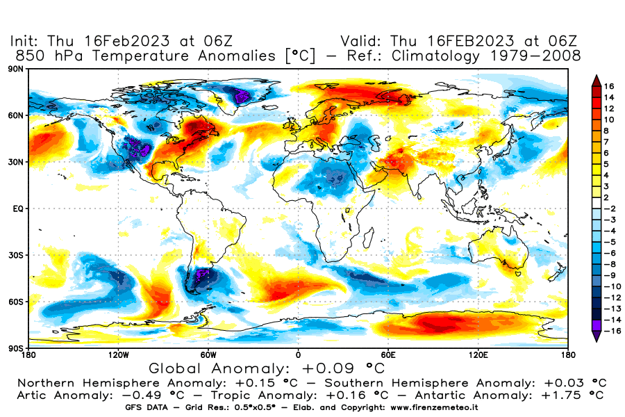 Mappa di analisi GFS - Anomalia Temperatura [°C] a 850 hPa in World
							del 16/02/2023 06 <!--googleoff: index-->UTC<!--googleon: index-->