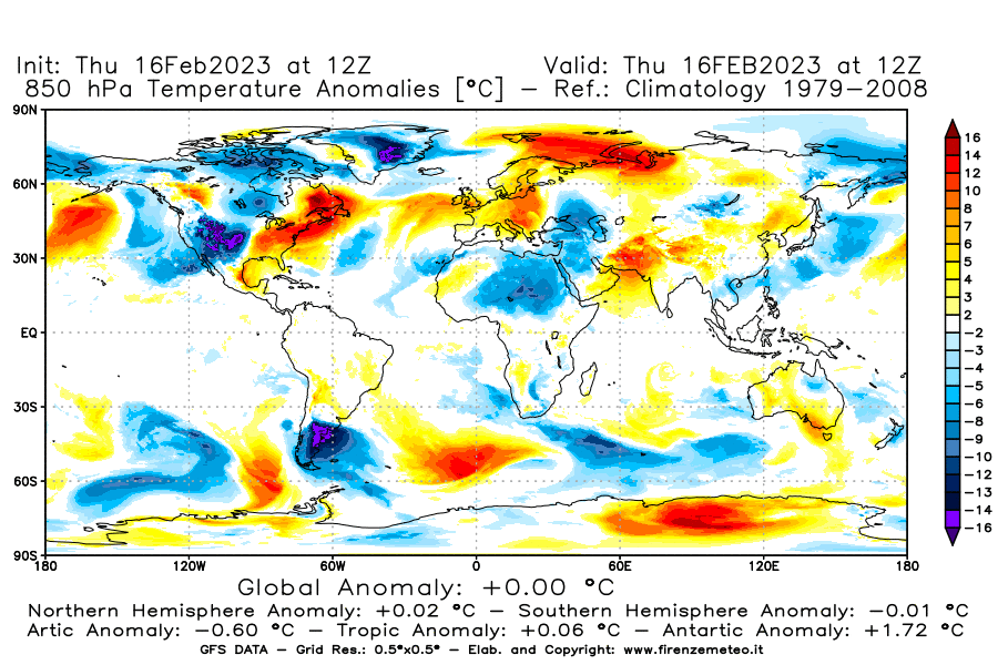 Mappa di analisi GFS - Anomalia Temperatura [°C] a 850 hPa in World
							del 16/02/2023 12 <!--googleoff: index-->UTC<!--googleon: index-->