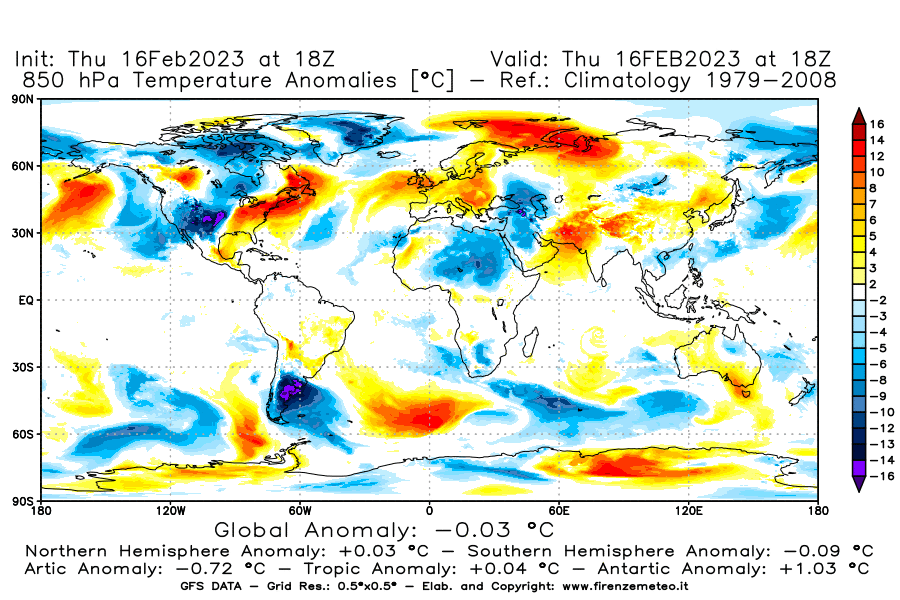 Mappa di analisi GFS - Anomalia Temperatura [°C] a 850 hPa in World
							del 16/02/2023 18 <!--googleoff: index-->UTC<!--googleon: index-->