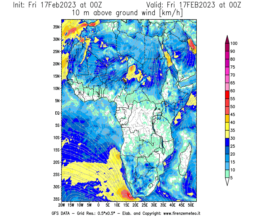 Mappa di analisi GFS - Velocità del vento a 10 metri dal suolo [km/h] in Africa
							del 17/02/2023 00 <!--googleoff: index-->UTC<!--googleon: index-->