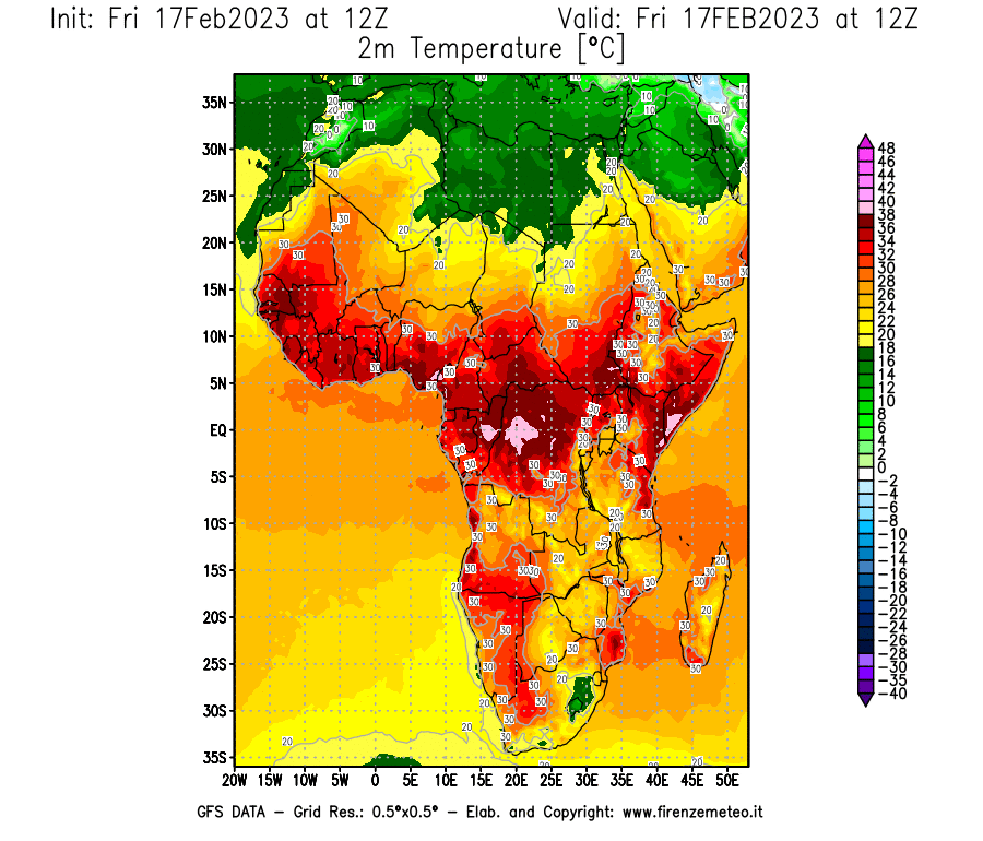 Mappa di analisi GFS - Temperatura a 2 metri dal suolo [°C] in Africa
							del 17/02/2023 12 <!--googleoff: index-->UTC<!--googleon: index-->