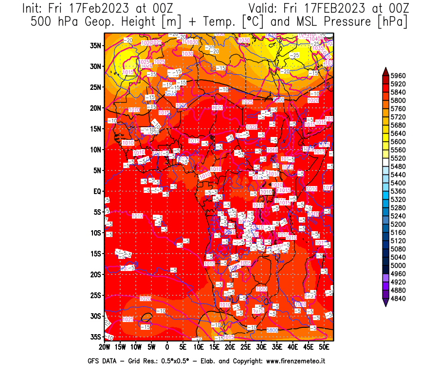Mappa di analisi GFS - Geopotenziale [m] + Temp. [°C] a 500 hPa + Press. a livello del mare [hPa] in Africa
							del 17/02/2023 00 <!--googleoff: index-->UTC<!--googleon: index-->