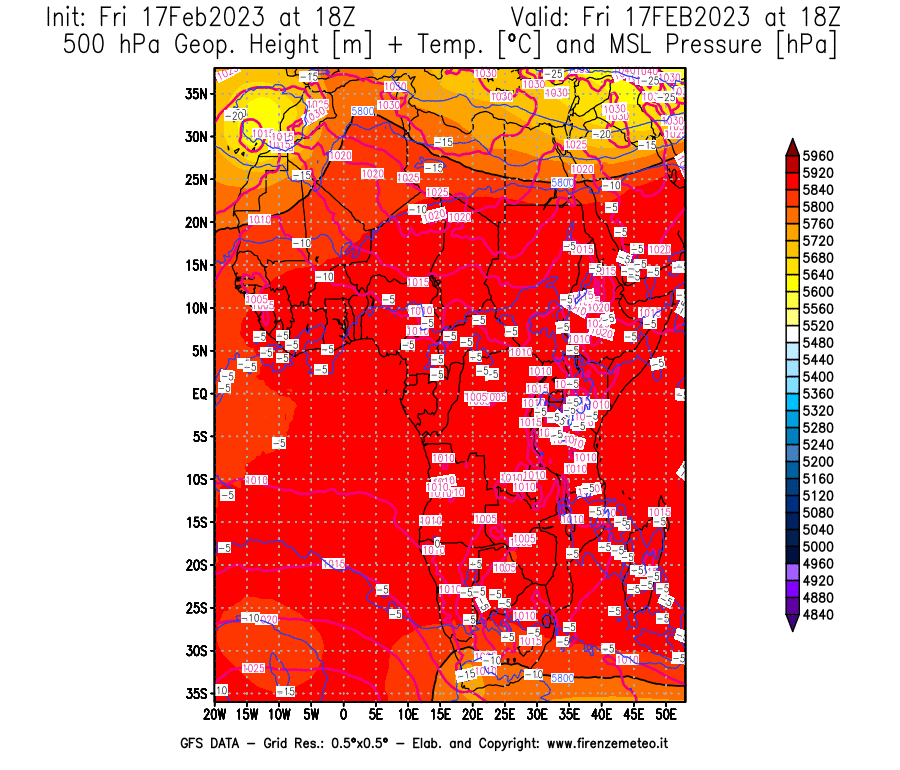 Mappa di analisi GFS - Geopotenziale [m] + Temp. [°C] a 500 hPa + Press. a livello del mare [hPa] in Africa
							del 17/02/2023 18 <!--googleoff: index-->UTC<!--googleon: index-->