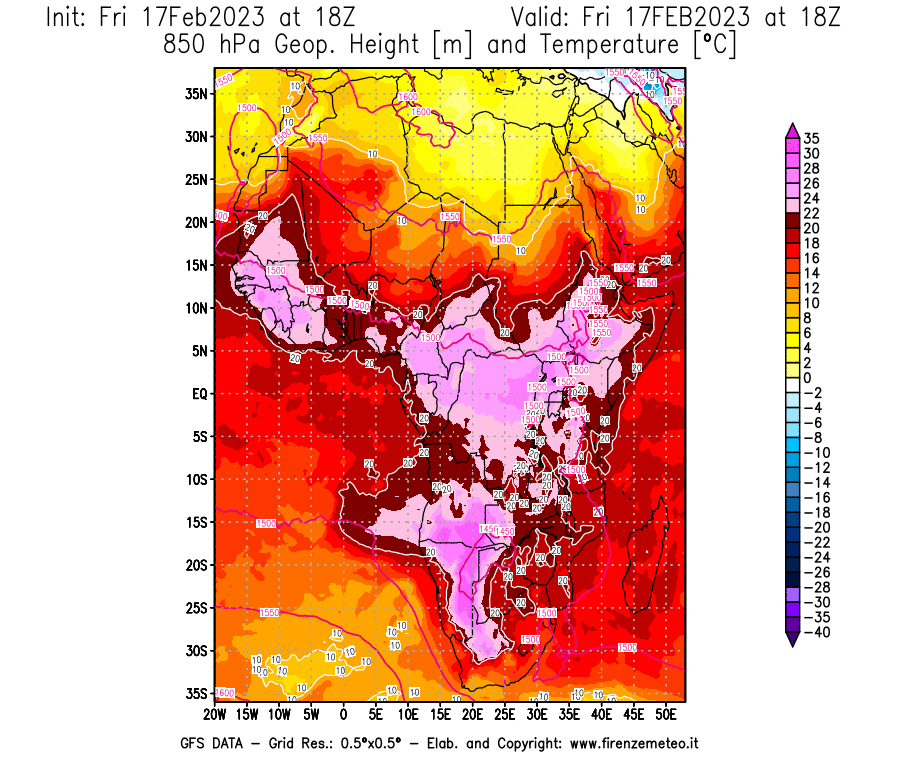 Mappa di analisi GFS - Geopotenziale [m] e Temperatura [°C] a 850 hPa in Africa
							del 17/02/2023 18 <!--googleoff: index-->UTC<!--googleon: index-->