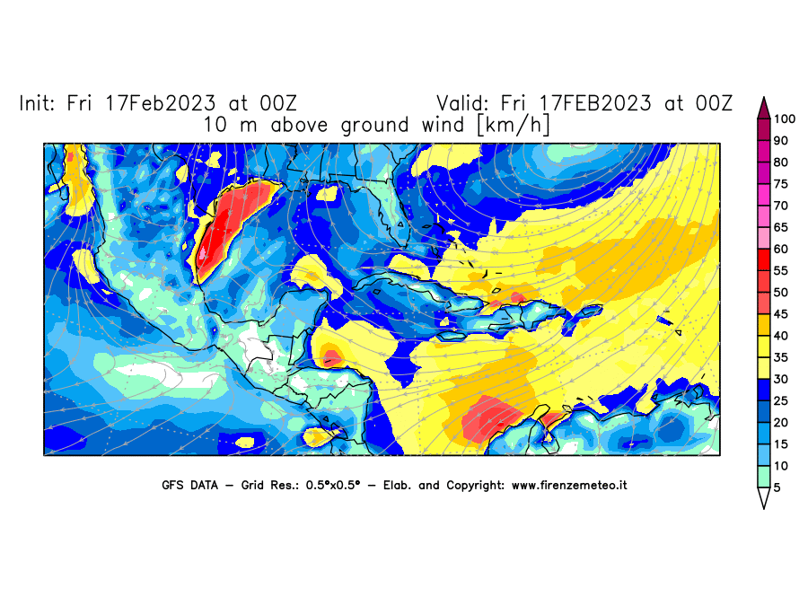Mappa di analisi GFS - Velocità del vento a 10 metri dal suolo [km/h] in Centro-America
							del 17/02/2023 00 <!--googleoff: index-->UTC<!--googleon: index-->