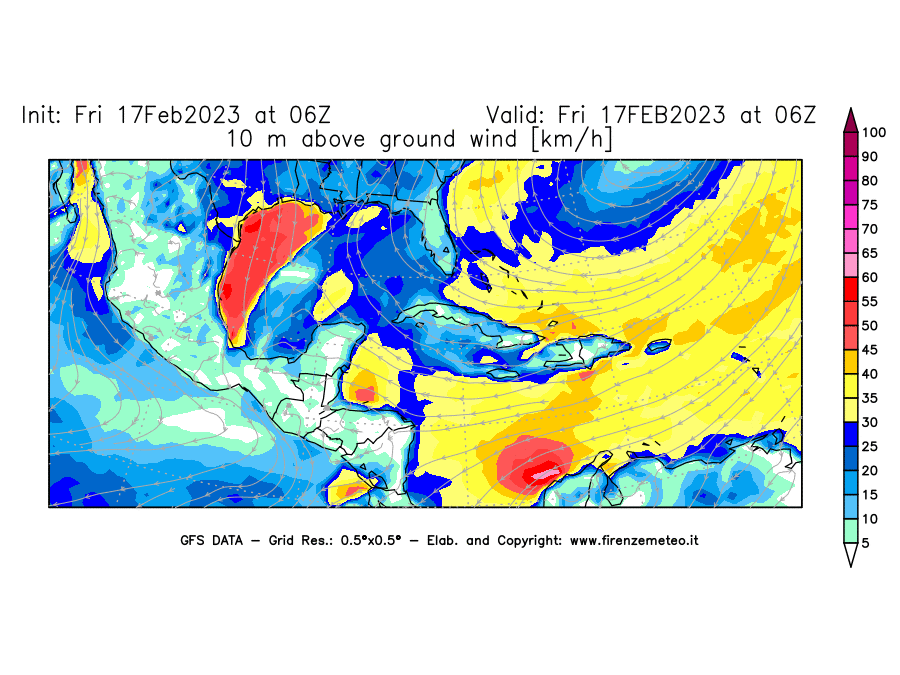 Mappa di analisi GFS - Velocità del vento a 10 metri dal suolo [km/h] in Centro-America
							del 17/02/2023 06 <!--googleoff: index-->UTC<!--googleon: index-->
