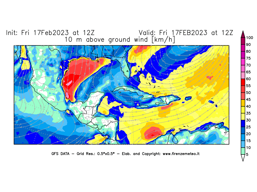 Mappa di analisi GFS - Velocità del vento a 10 metri dal suolo [km/h] in Centro-America
							del 17/02/2023 12 <!--googleoff: index-->UTC<!--googleon: index-->