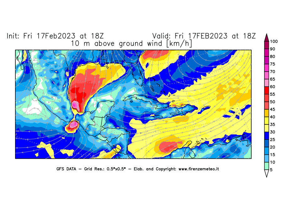 Mappa di analisi GFS - Velocità del vento a 10 metri dal suolo [km/h] in Centro-America
							del 17/02/2023 18 <!--googleoff: index-->UTC<!--googleon: index-->