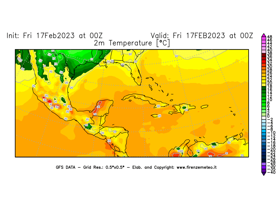 Mappa di analisi GFS - Temperatura a 2 metri dal suolo [°C] in Centro-America
							del 17/02/2023 00 <!--googleoff: index-->UTC<!--googleon: index-->