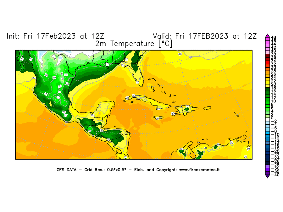 Mappa di analisi GFS - Temperatura a 2 metri dal suolo [°C] in Centro-America
							del 17/02/2023 12 <!--googleoff: index-->UTC<!--googleon: index-->