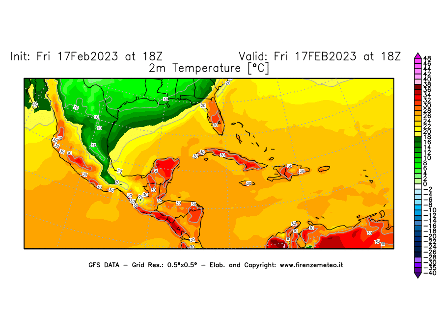 Mappa di analisi GFS - Temperatura a 2 metri dal suolo [°C] in Centro-America
							del 17/02/2023 18 <!--googleoff: index-->UTC<!--googleon: index-->