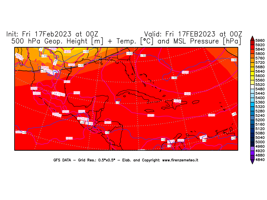 Mappa di analisi GFS - Geopotenziale [m] + Temp. [°C] a 500 hPa + Press. a livello del mare [hPa] in Centro-America
							del 17/02/2023 00 <!--googleoff: index-->UTC<!--googleon: index-->