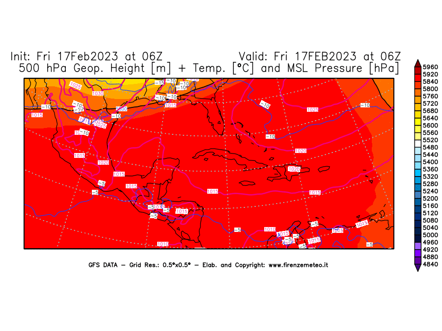 Mappa di analisi GFS - Geopotenziale [m] + Temp. [°C] a 500 hPa + Press. a livello del mare [hPa] in Centro-America
							del 17/02/2023 06 <!--googleoff: index-->UTC<!--googleon: index-->