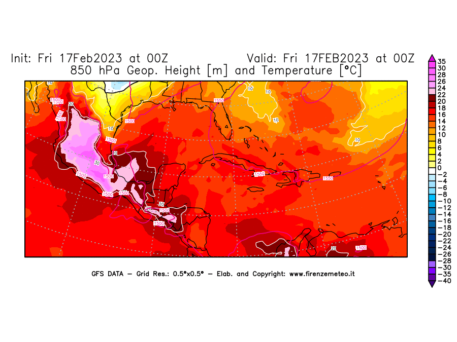 Mappa di analisi GFS - Geopotenziale [m] e Temperatura [°C] a 850 hPa in Centro-America
							del 17/02/2023 00 <!--googleoff: index-->UTC<!--googleon: index-->