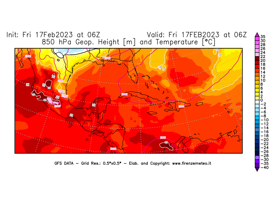 Mappa di analisi GFS - Geopotenziale [m] e Temperatura [°C] a 850 hPa in Centro-America
							del 17/02/2023 06 <!--googleoff: index-->UTC<!--googleon: index-->