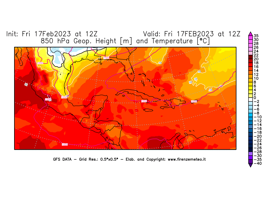 Mappa di analisi GFS - Geopotenziale [m] e Temperatura [°C] a 850 hPa in Centro-America
							del 17/02/2023 12 <!--googleoff: index-->UTC<!--googleon: index-->