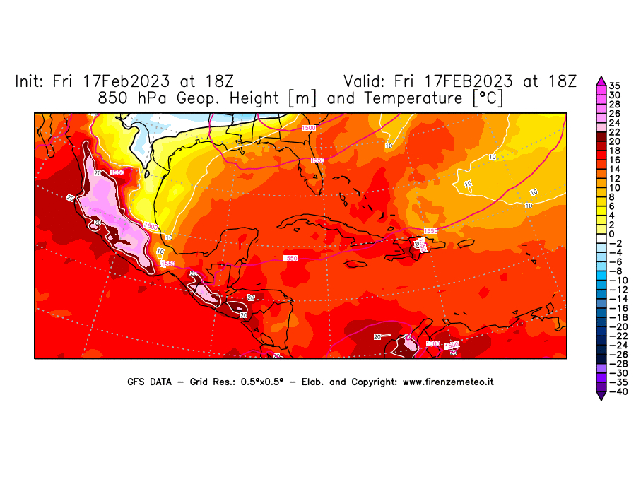 Mappa di analisi GFS - Geopotenziale [m] e Temperatura [°C] a 850 hPa in Centro-America
							del 17/02/2023 18 <!--googleoff: index-->UTC<!--googleon: index-->