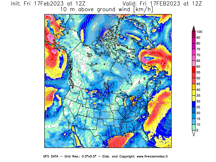 Mappa di analisi GFS - Velocità del vento a 10 metri dal suolo [km/h] in Nord-America
							del 17/02/2023 12 <!--googleoff: index-->UTC<!--googleon: index-->