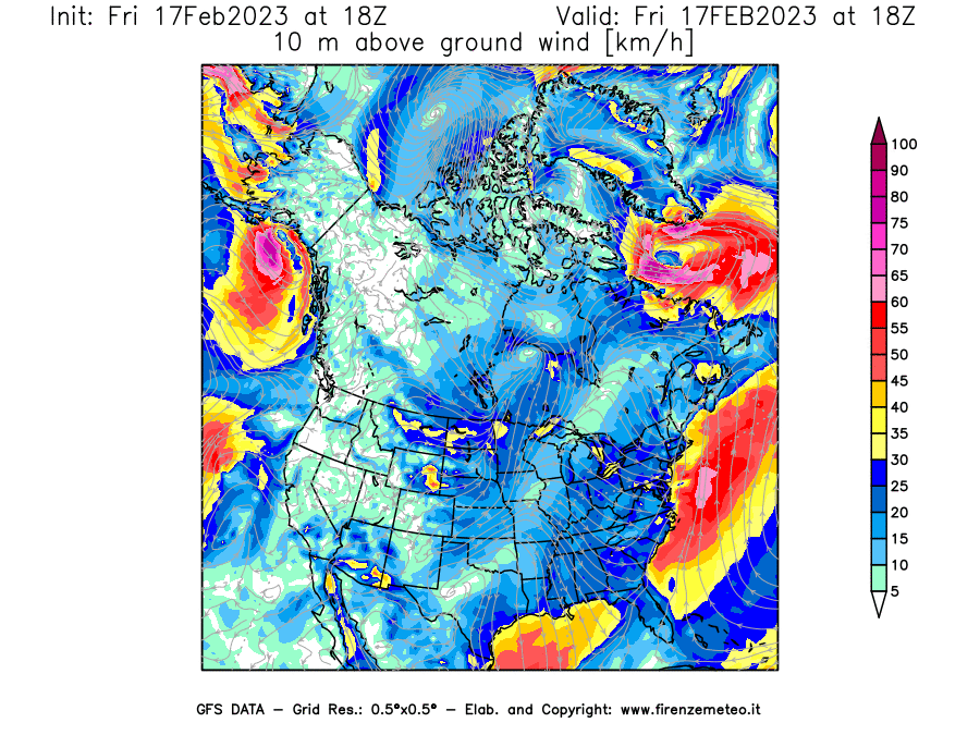Mappa di analisi GFS - Velocità del vento a 10 metri dal suolo [km/h] in Nord-America
							del 17/02/2023 18 <!--googleoff: index-->UTC<!--googleon: index-->