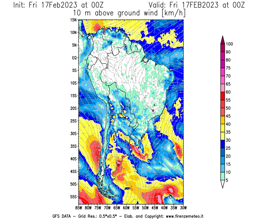 Mappa di analisi GFS - Velocità del vento a 10 metri dal suolo [km/h] in Sud-America
							del 17/02/2023 00 <!--googleoff: index-->UTC<!--googleon: index-->