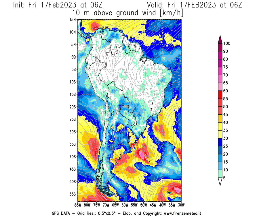 Mappa di analisi GFS - Velocità del vento a 10 metri dal suolo [km/h] in Sud-America
							del 17/02/2023 06 <!--googleoff: index-->UTC<!--googleon: index-->