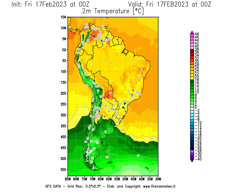 Mappa di analisi GFS - Temperatura a 2 metri dal suolo [°C] in Sud-America
							del 17/02/2023 00 <!--googleoff: index-->UTC<!--googleon: index-->