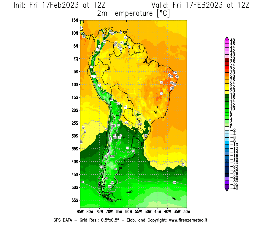 Mappa di analisi GFS - Temperatura a 2 metri dal suolo [°C] in Sud-America
							del 17/02/2023 12 <!--googleoff: index-->UTC<!--googleon: index-->