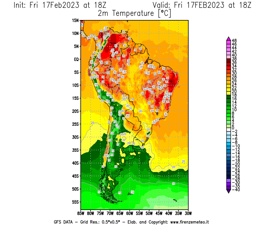 Mappa di analisi GFS - Temperatura a 2 metri dal suolo [°C] in Sud-America
							del 17/02/2023 18 <!--googleoff: index-->UTC<!--googleon: index-->
