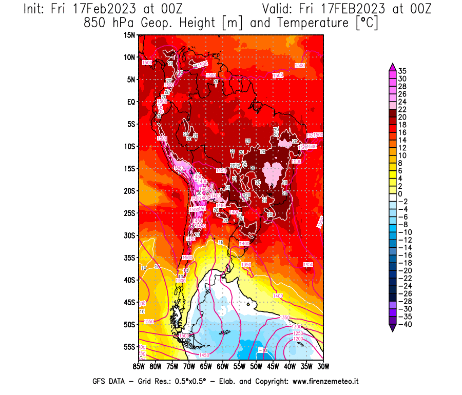 Mappa di analisi GFS - Geopotenziale [m] e Temperatura [°C] a 850 hPa in Sud-America
							del 17/02/2023 00 <!--googleoff: index-->UTC<!--googleon: index-->