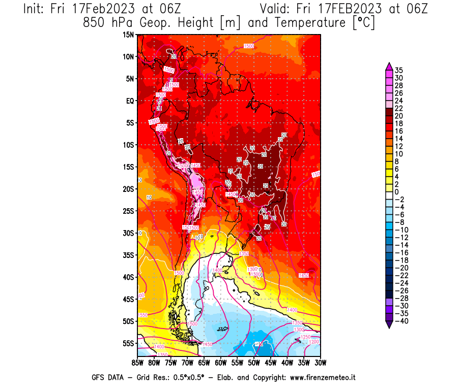 Mappa di analisi GFS - Geopotenziale [m] e Temperatura [°C] a 850 hPa in Sud-America
							del 17/02/2023 06 <!--googleoff: index-->UTC<!--googleon: index-->