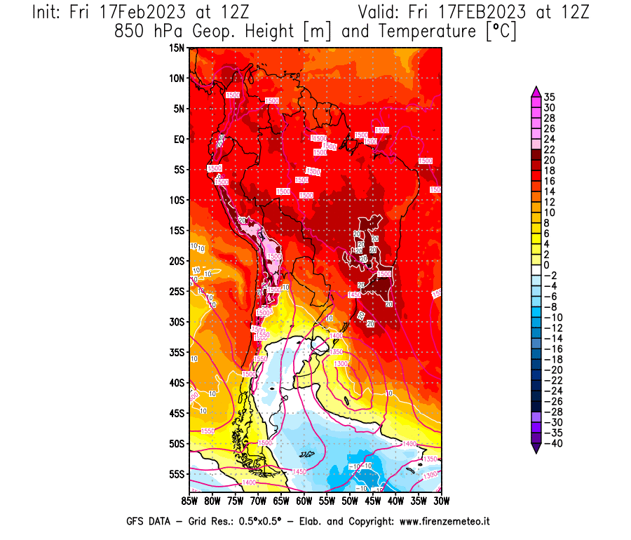 Mappa di analisi GFS - Geopotenziale [m] e Temperatura [°C] a 850 hPa in Sud-America
							del 17/02/2023 12 <!--googleoff: index-->UTC<!--googleon: index-->