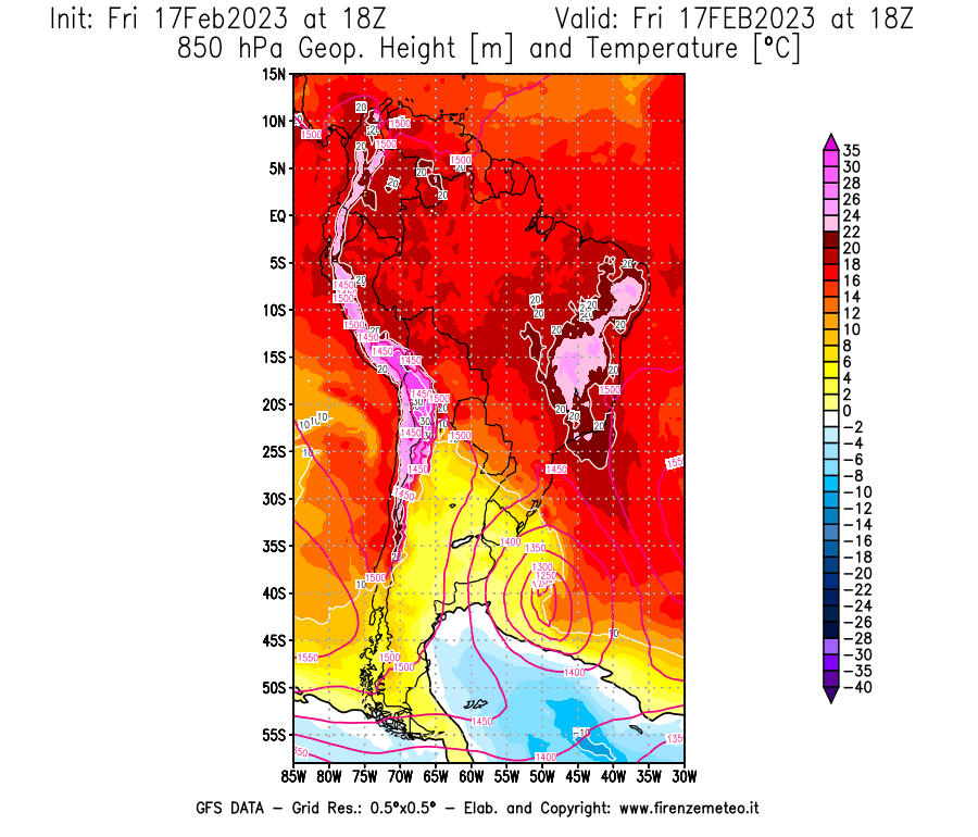 Mappa di analisi GFS - Geopotenziale [m] e Temperatura [°C] a 850 hPa in Sud-America
							del 17/02/2023 18 <!--googleoff: index-->UTC<!--googleon: index-->