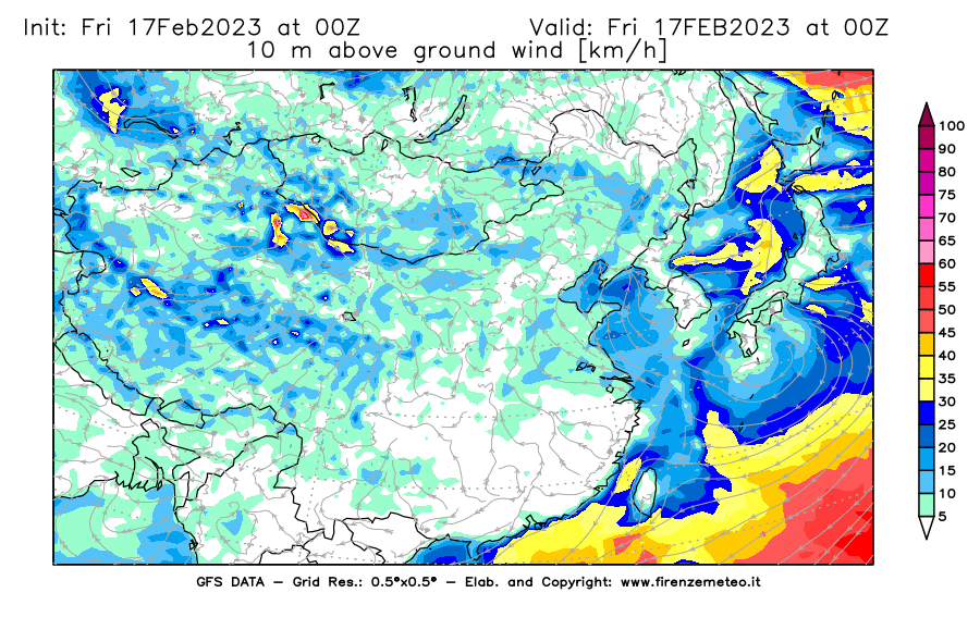 Mappa di analisi GFS - Velocità del vento a 10 metri dal suolo [km/h] in Asia Orientale
							del 17/02/2023 00 <!--googleoff: index-->UTC<!--googleon: index-->