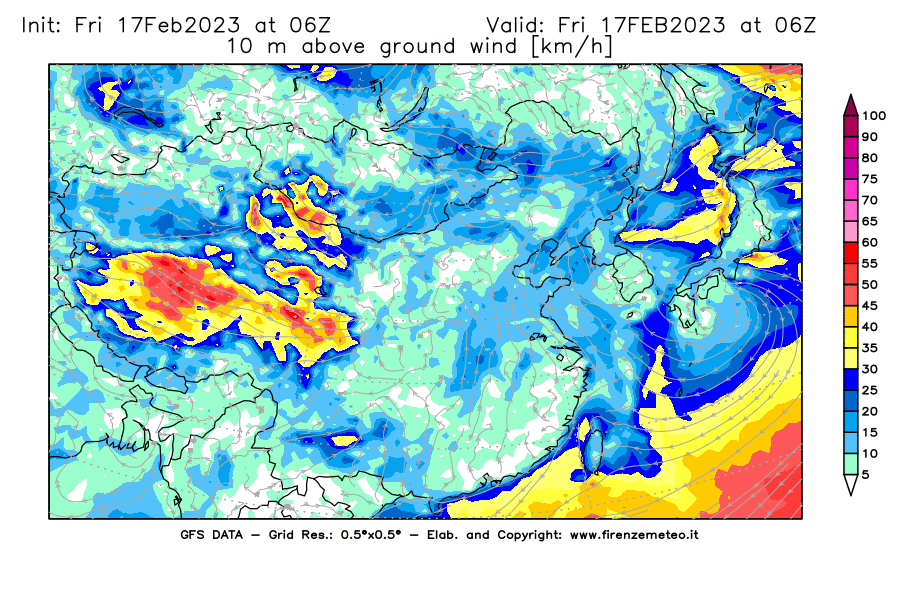 Mappa di analisi GFS - Velocità del vento a 10 metri dal suolo [km/h] in Asia Orientale
							del 17/02/2023 06 <!--googleoff: index-->UTC<!--googleon: index-->