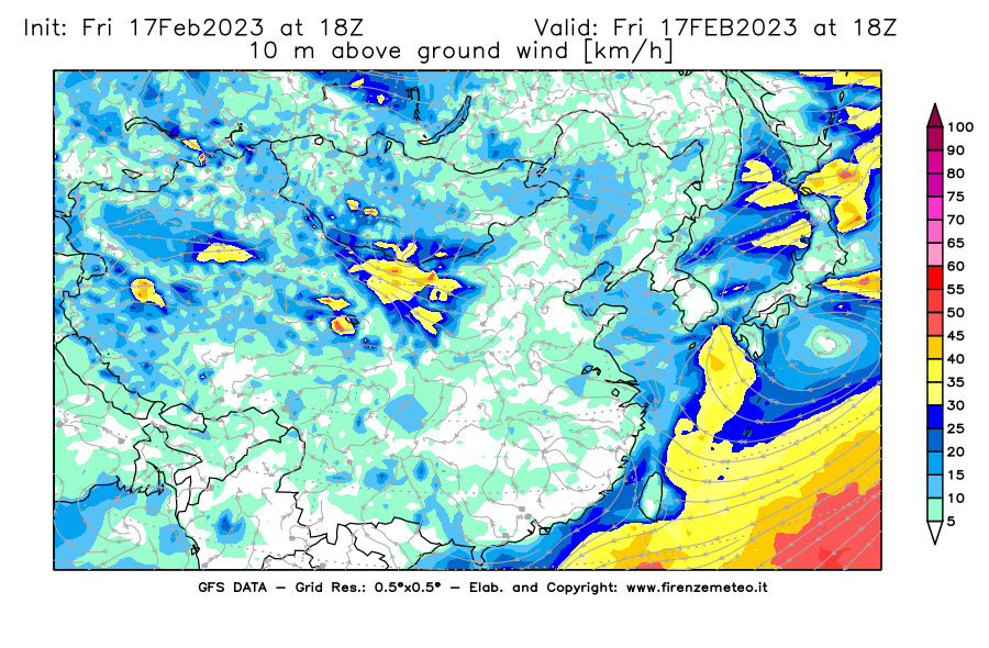 Mappa di analisi GFS - Velocità del vento a 10 metri dal suolo [km/h] in Asia Orientale
							del 17/02/2023 18 <!--googleoff: index-->UTC<!--googleon: index-->